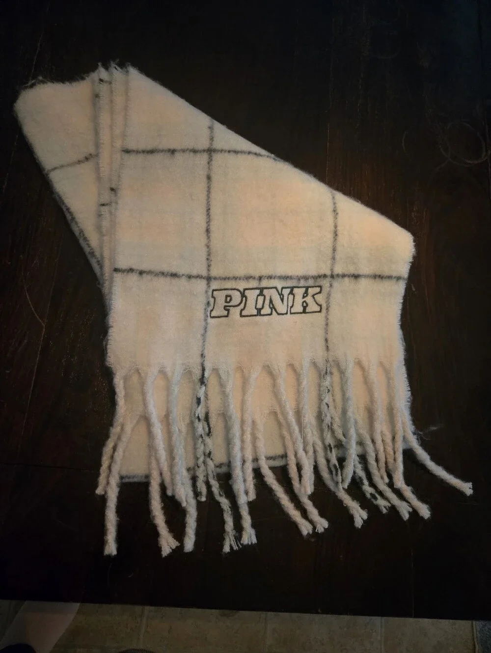 PINK Victoria's Secret Brand Cream Plaid Fringe Throw Scarf